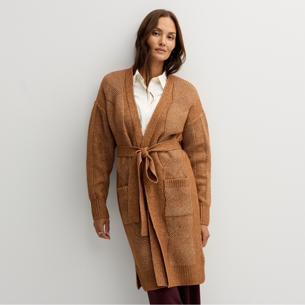 Women's Nine West Wool Blend Caramel Brown Belted Cardigan Large NWT